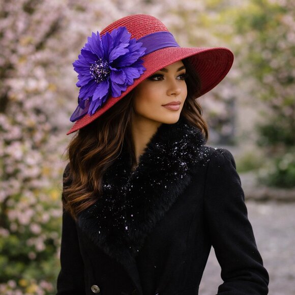 Betmar New York Wide Brim Hat Red Purple Flower Statement Summer Church Derby main image 5